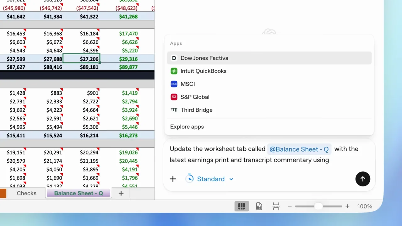 A composer beside spreadsheet cells opens a data-provider menu.