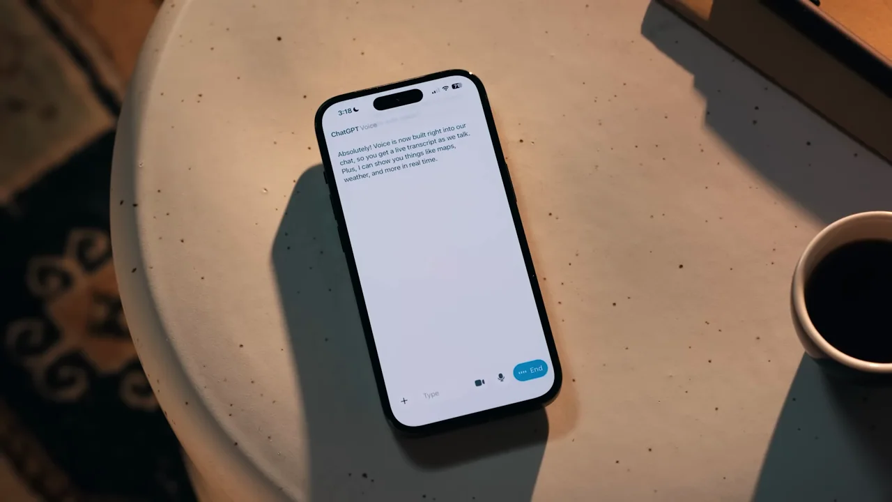 The phone displays changing conversation text and voice controls.