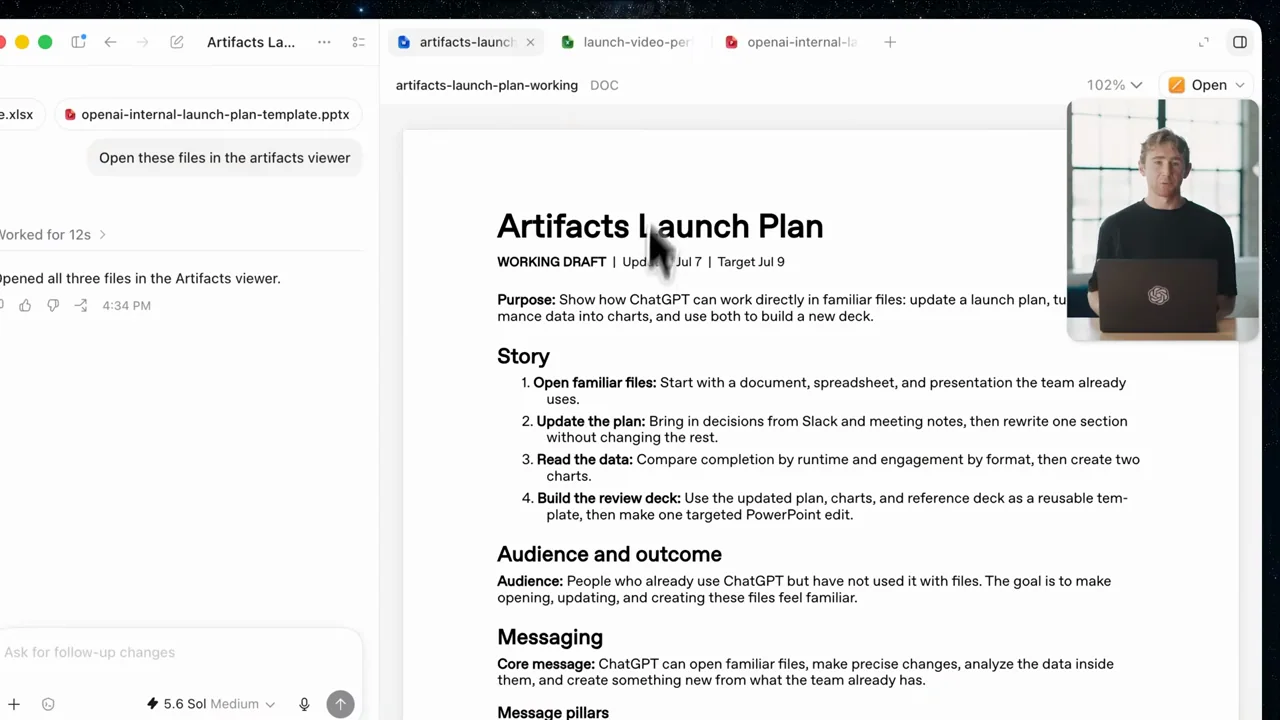 A launch-plan document opens beside the task conversation.