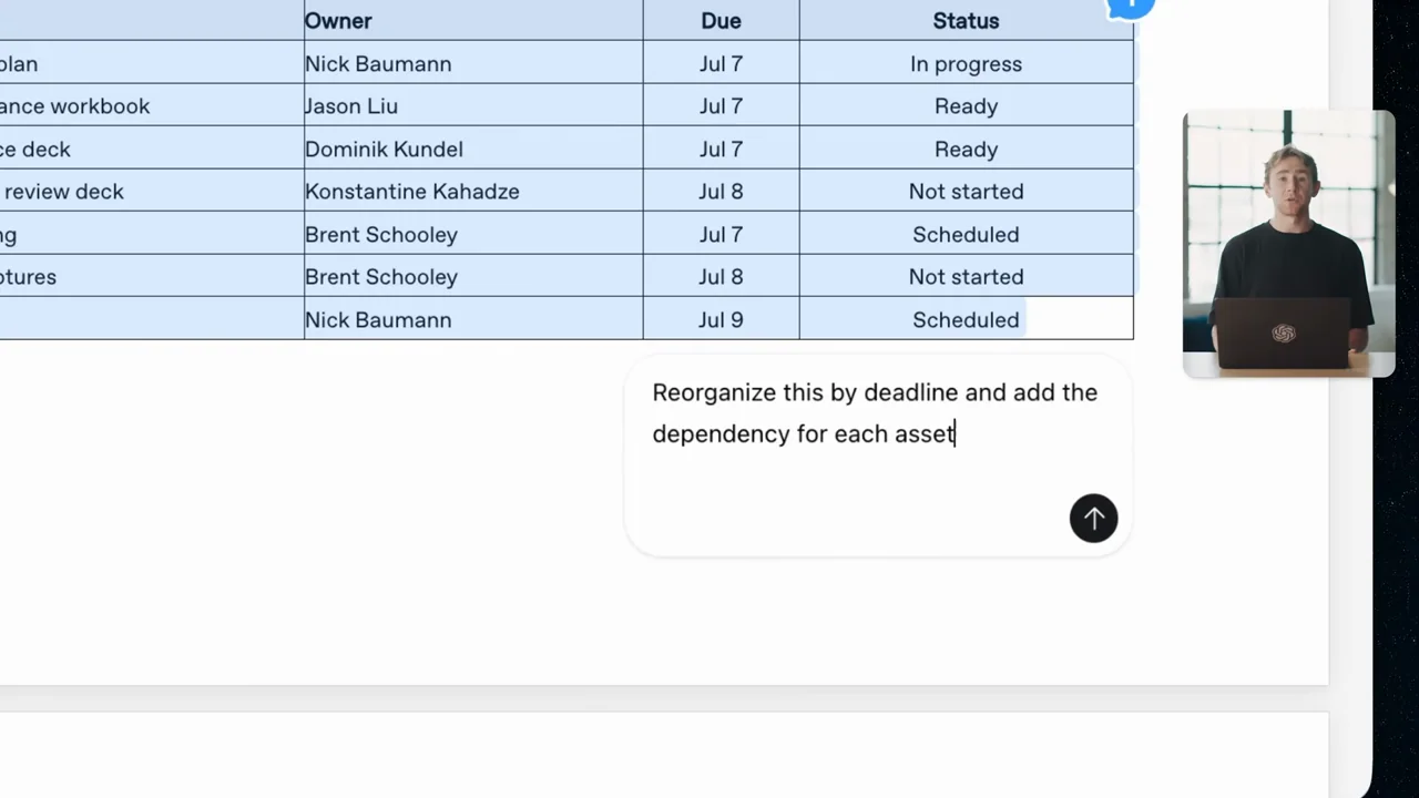 A selected table receives an instruction about deadlines and dependencies.