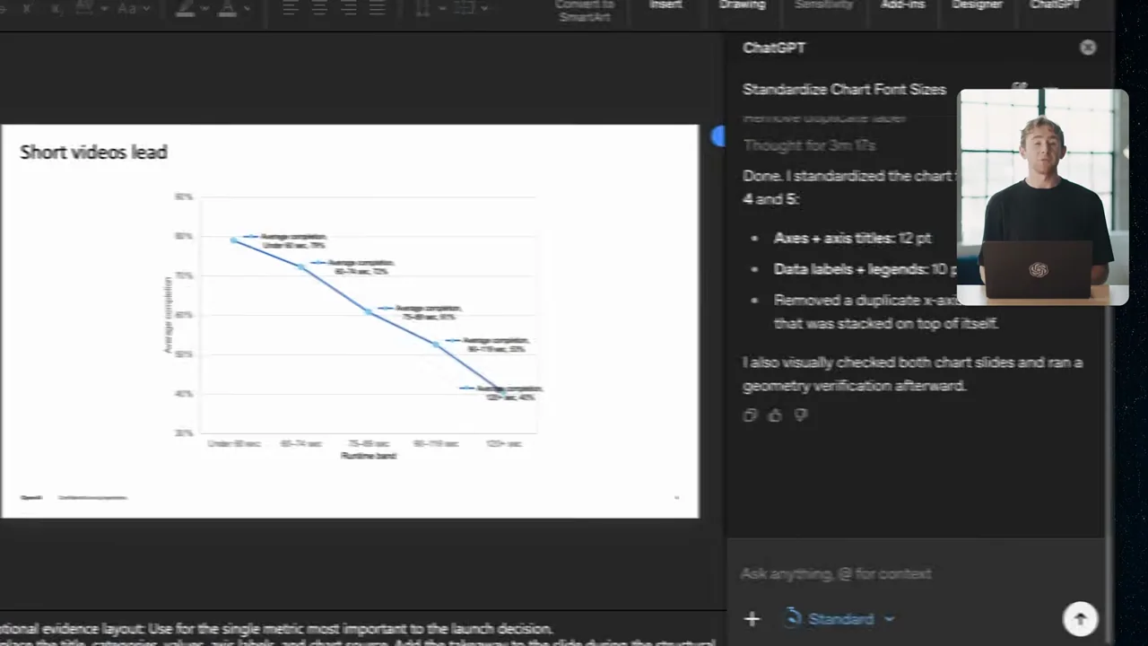 The deck opens in PowerPoint with a formatting request and changed chart text.