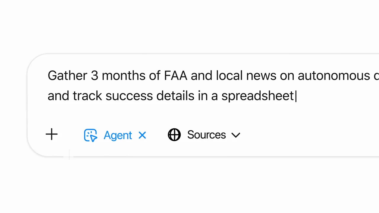 A chapter card precedes an agent-tagged research and spreadsheet request.