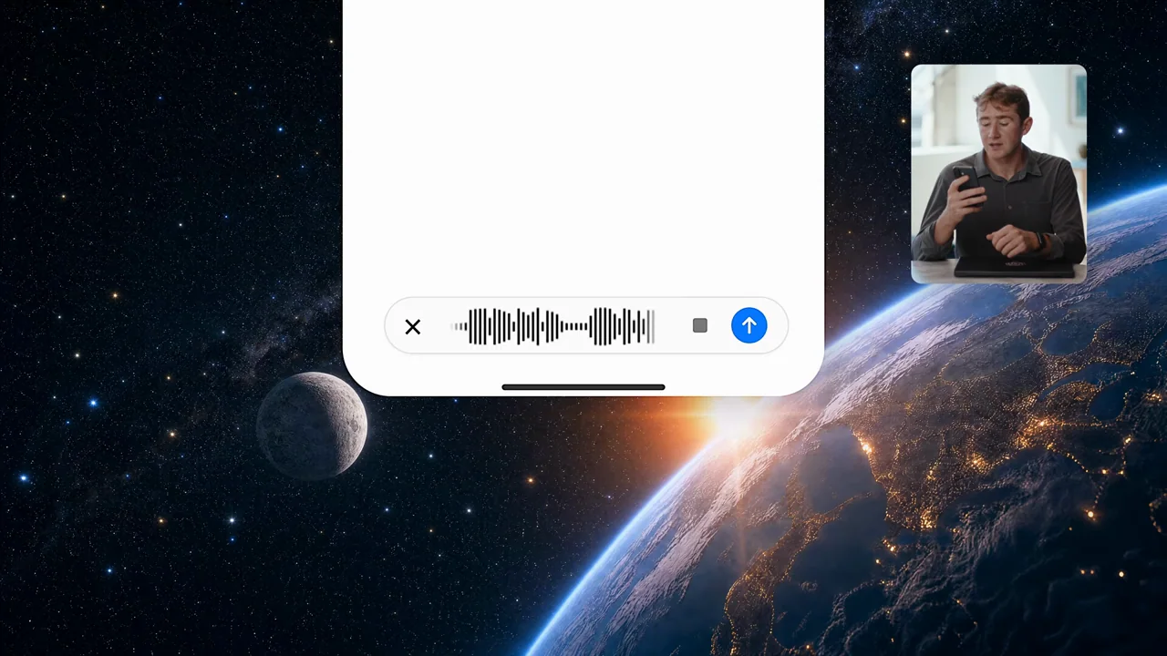 An enlarged phone composer shows a dictation waveform.