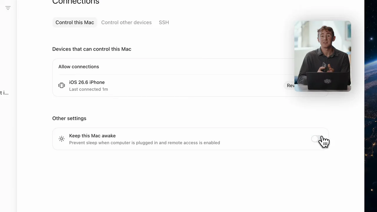 Settings expose the connected device and connection controls.