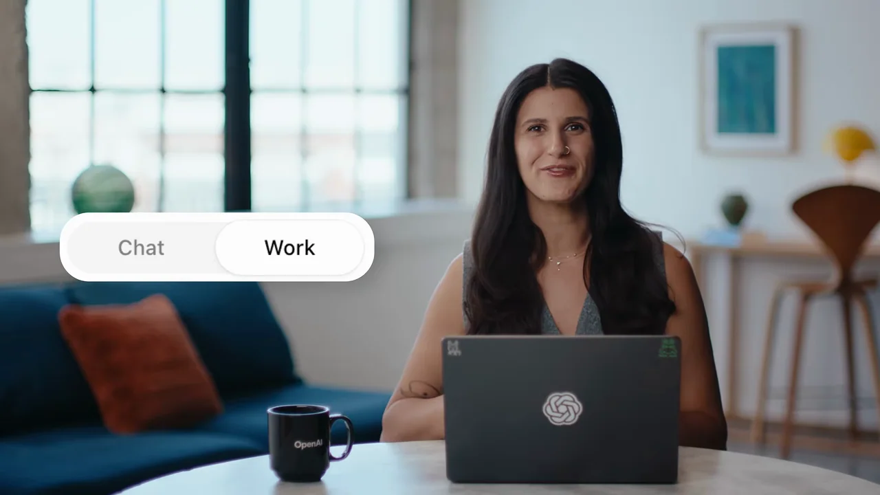 An enlarged Chat/Work switch overlays the presenter.