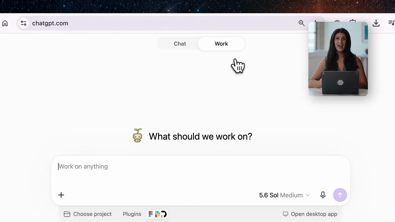 The web app switches from chat to work mode.