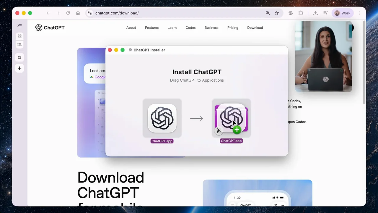 A macOS installer window shows the app moving to Applications.