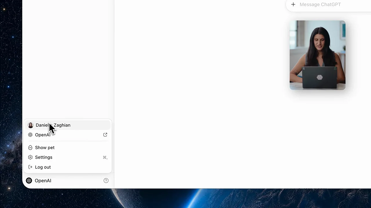 The installed app opens and its account menu is inspected.