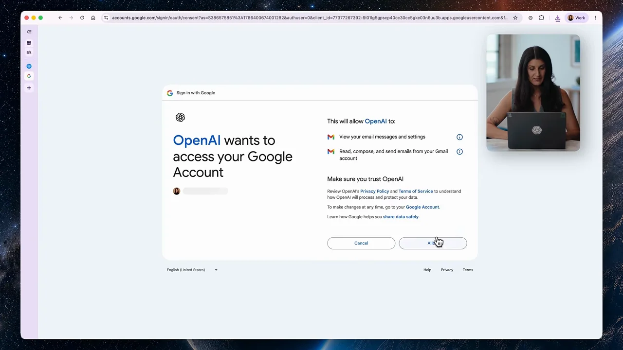 An account-choice flow leads to a permissions page.