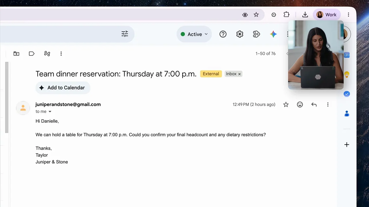 The original reservation email is opened in Gmail.