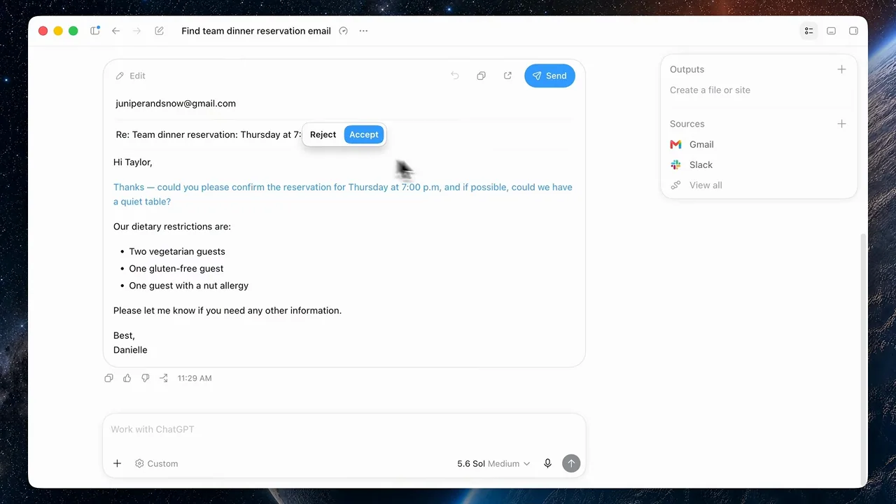 The draft message is edited in place before sending.