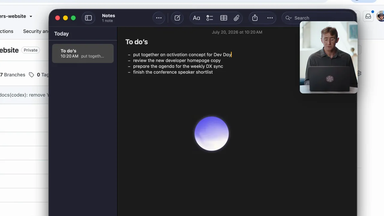The orb remains over the Notes window without a large layout change.