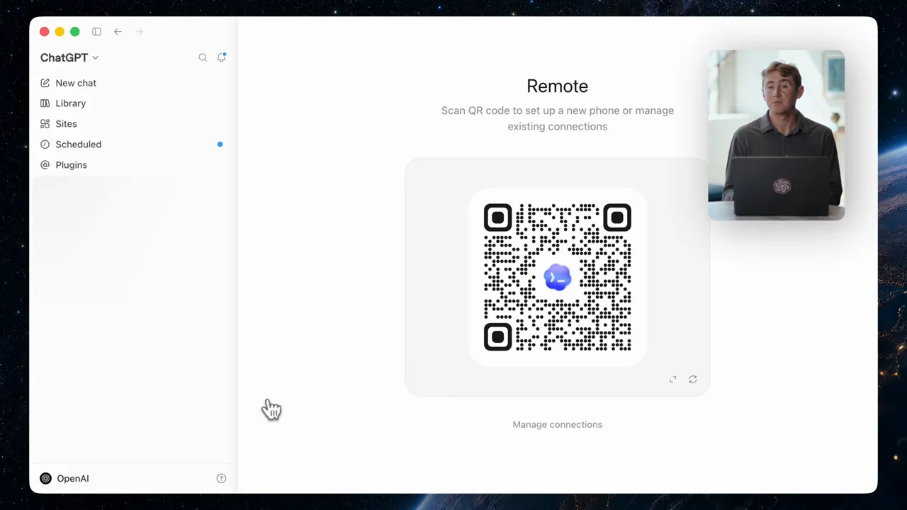 The desktop navigates to a remote connection page with a QR code.