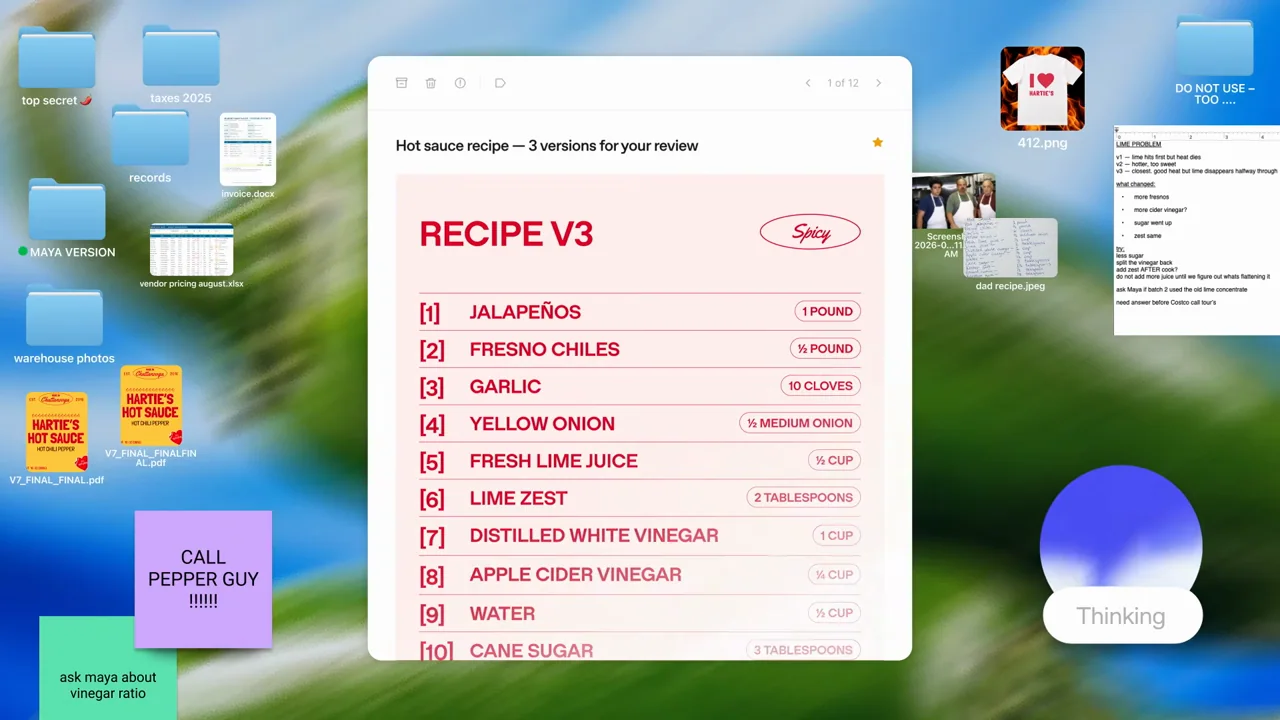 An email and recipe document appear with the small voice control retained.