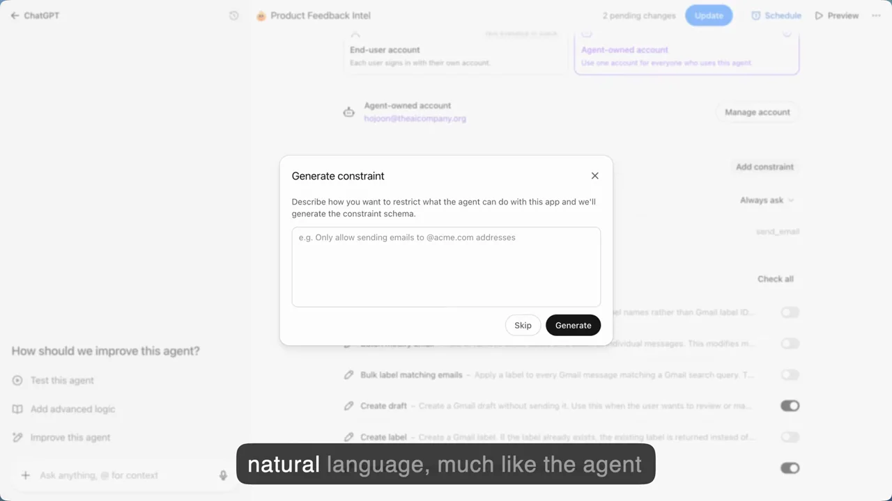 The builder shows tools, action permissions, and a domain-constraint dialog.