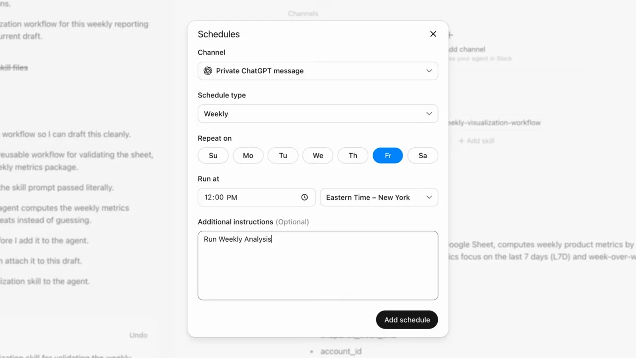 Representative frame from Workspace agents in ChatGPT: Weekly metrics reporting agent