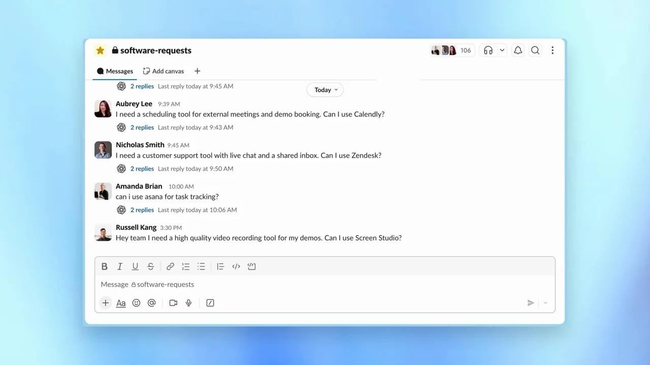 A software-request channel receives a new message.