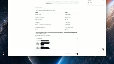 Source frame at 115.500s. Request table, usage chart, approval confirmation.