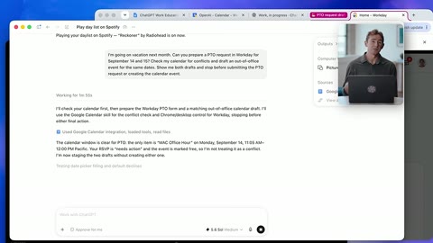 Source frame at 115.500s. Chat summary and filled absence-request modal.