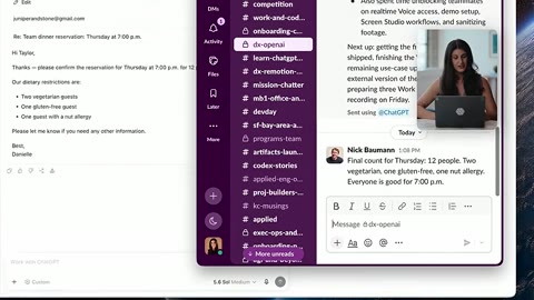 Source frame at 165.500s. Prompt, email detail, adjacent Slack conversation.