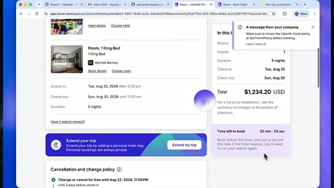 Source frame at 175.500s. Pitch slide, Slack message, flight and hotel summaries.
