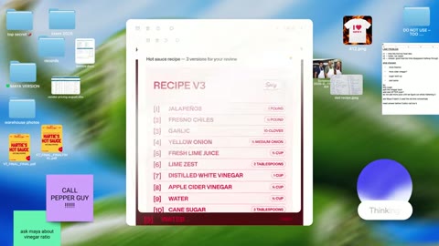 Source frame at 25.500s. Processing status, then recipe document on crowded desktop.