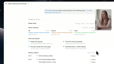 Source frame at 35.500s. Decision summary, timeline, calendar; presenter inset.