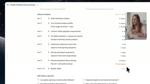 Source frame at 40.500s. Decision summary, timeline, calendar; presenter inset.