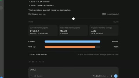 Source frame at 75.500s. Recommendation text and projected-impact slider.